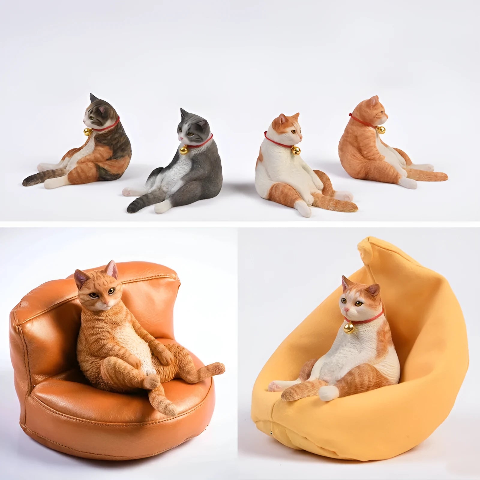 Lazy cat car ornament resin model with fabric sofa on a dashboard.