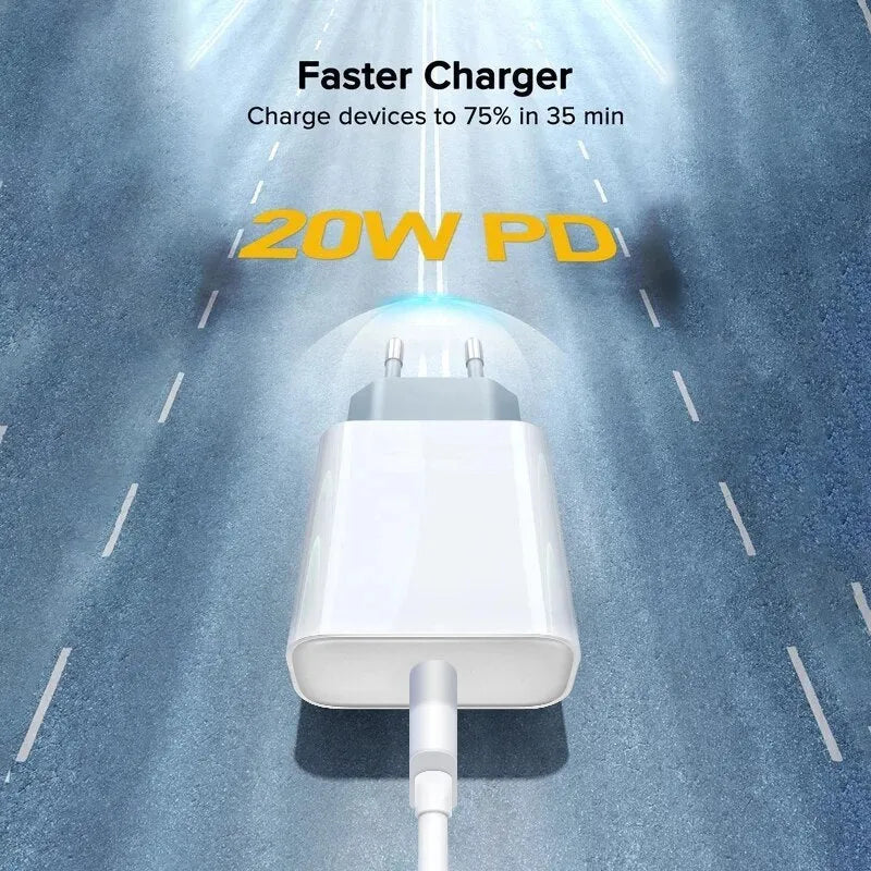 White 20W USB-C PD fast wall charger showing Type-C port and international plug compatibility.