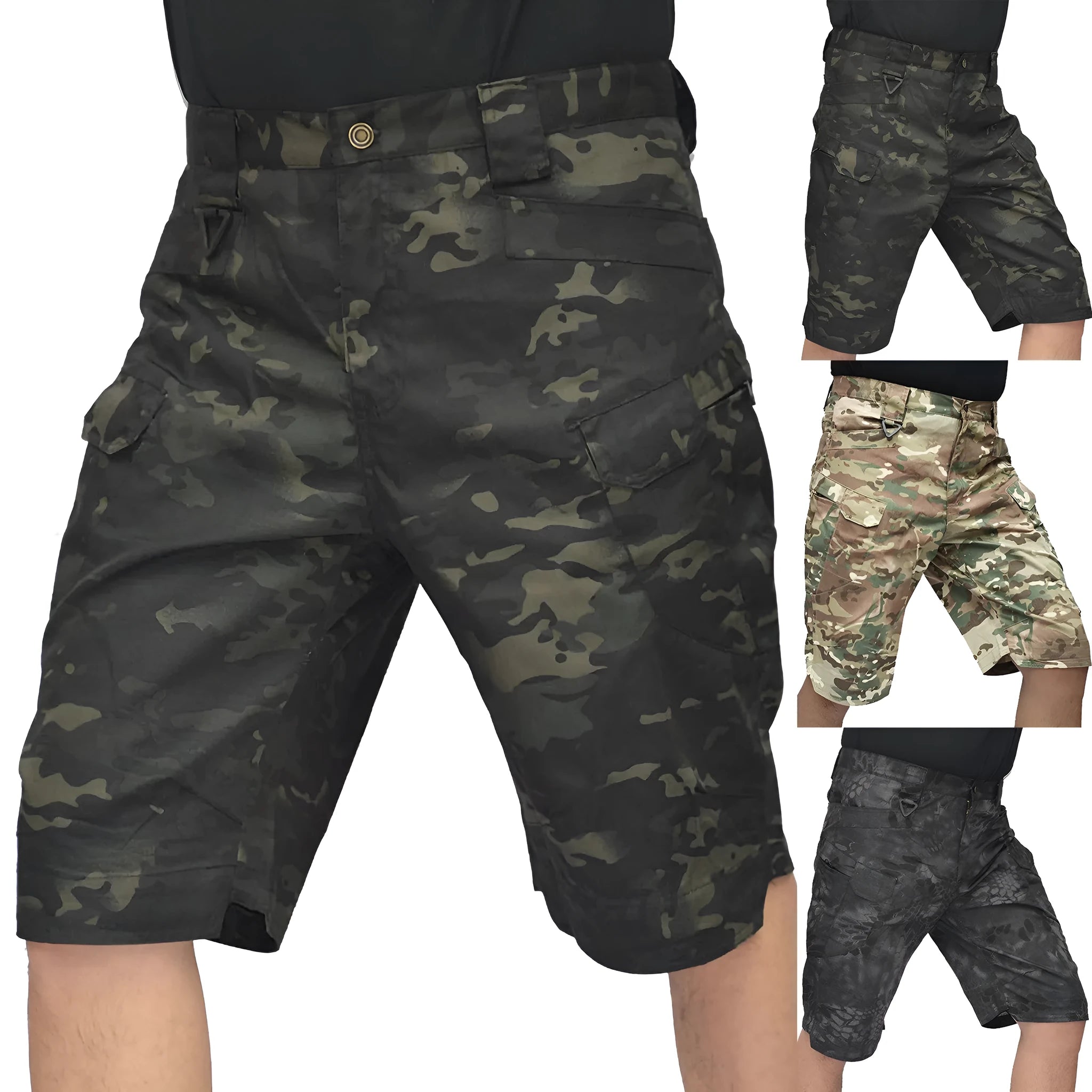 Men's tactical cargo shorts in black camouflage with multiple pockets, straight-leg cut, cotton blend fabric, Improved Version IX7