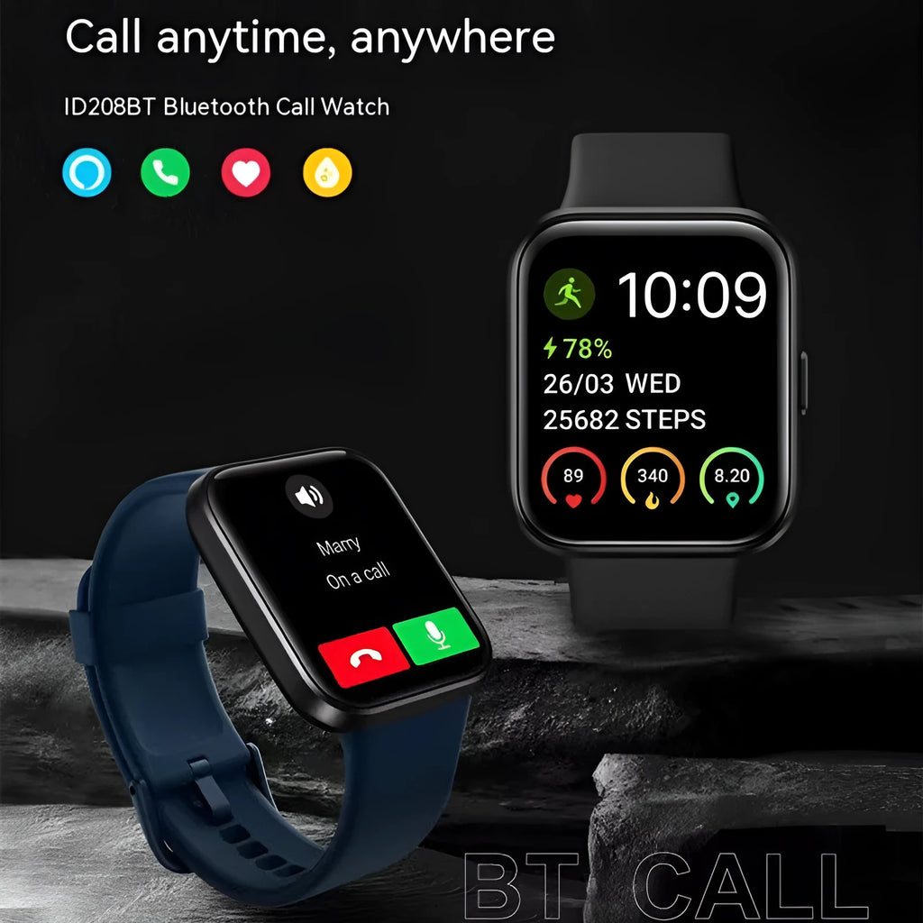 Voice call smart watch with touch screen showing health metrics in black, blue, green, or pink colour options