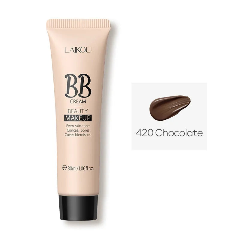 30ml tube of BB cream shown alongside swatches of its nine shades from light ivory to dark brown.