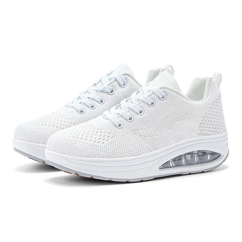 Women's platform shake shoes with air cushion, mesh upper, low heel, round toe, available in black, red and white