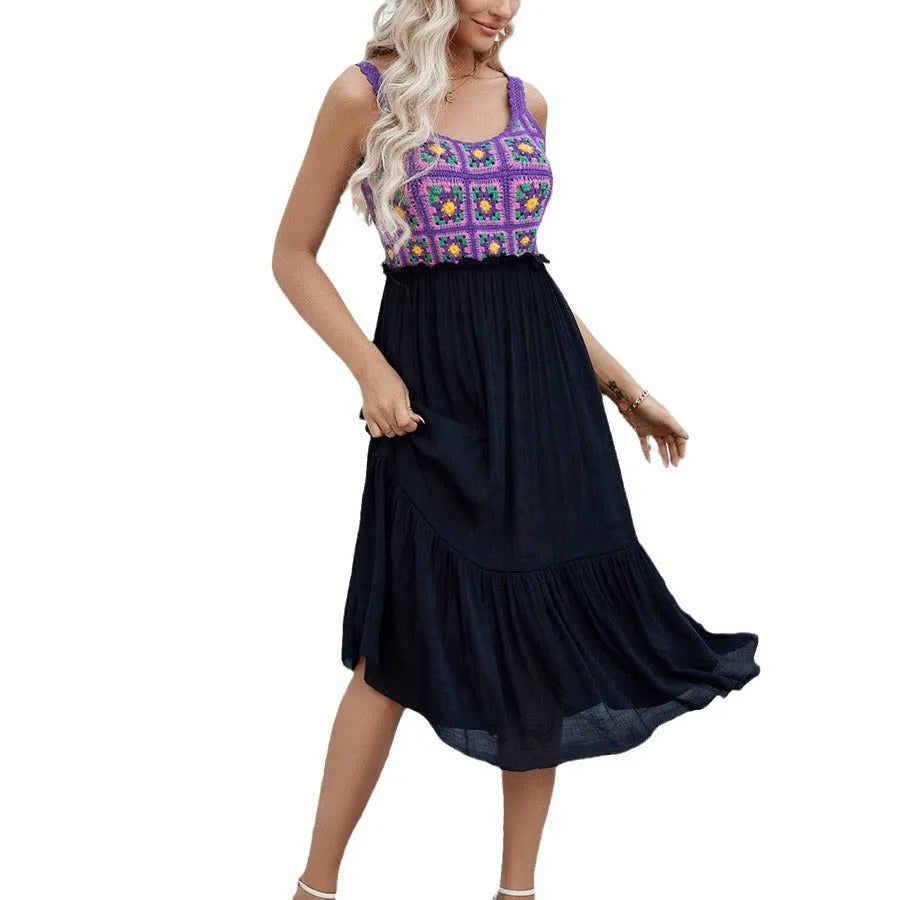 Purple women's sleeveless dress with detailed white hand hook flower stitching on the front.