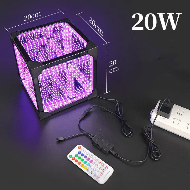 Thousand Mirrors 3D magic cube RGB LED lamp in black with remote control on desk