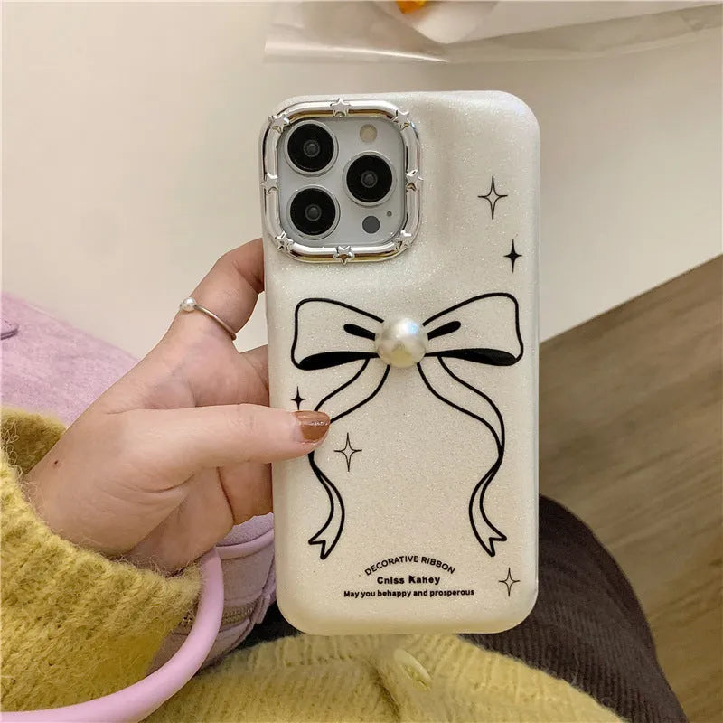 Line bow creative drop-resistant TPU phone case for iPhone in Pearl Bow colour option on white background