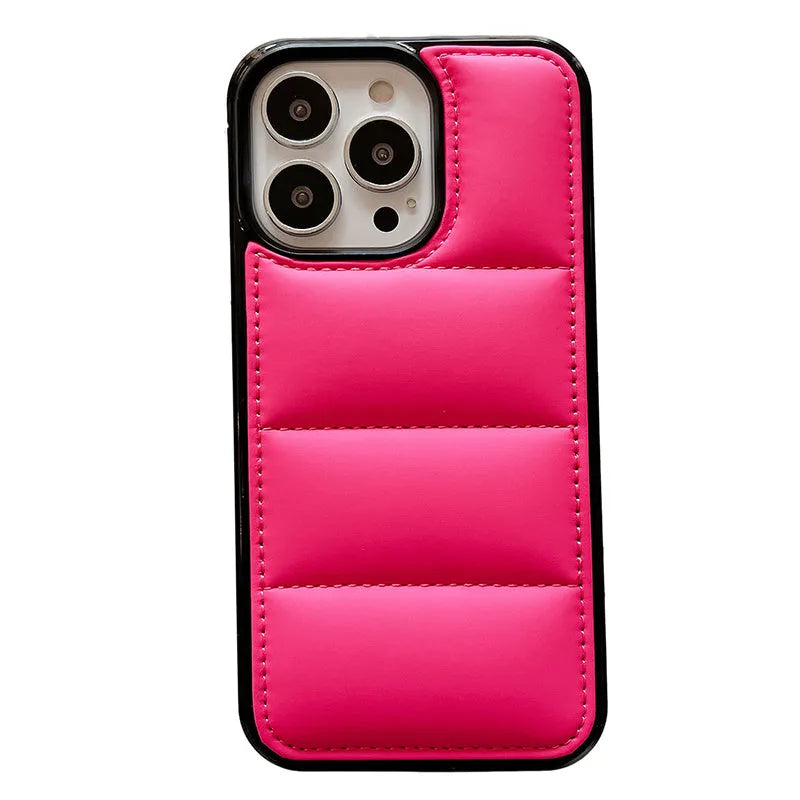 Candy Down Jacket shape phone case for iPhone in black, white, rose red, or green solid colours.