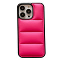Candy Down Jacket shape phone case for iPhone in black, white, rose red, or green solid colours.
