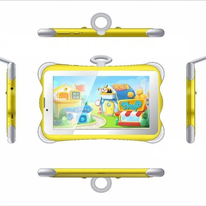 7-inch children's learning tablet with stand in cartoon colours showing IPS screen and 3G calling capability
