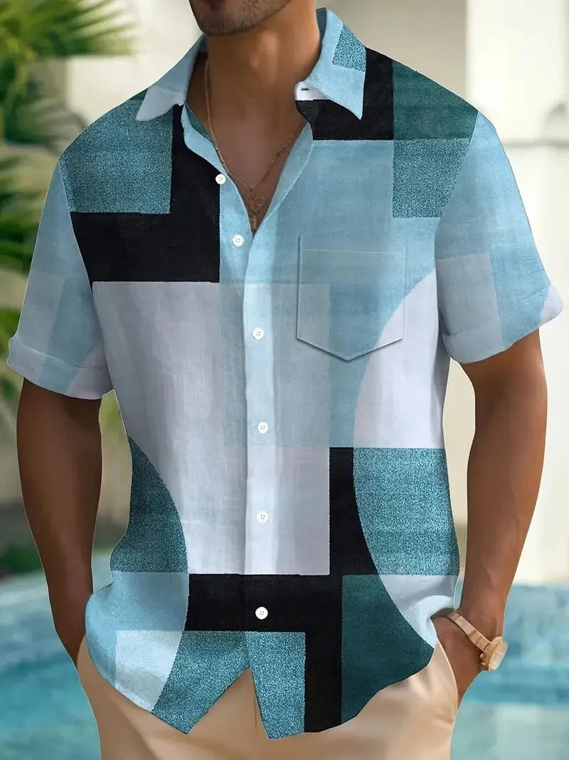 Men's geometric print cardigan shirt with 3D contrast squares in loose fit short sleeve design