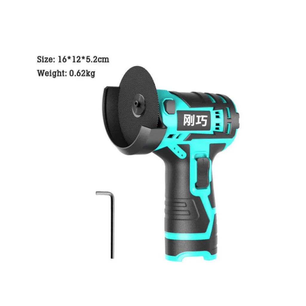 Mini 26V cordless angle grinder with lithium battery and three saw blades for cutting tiles and pipes