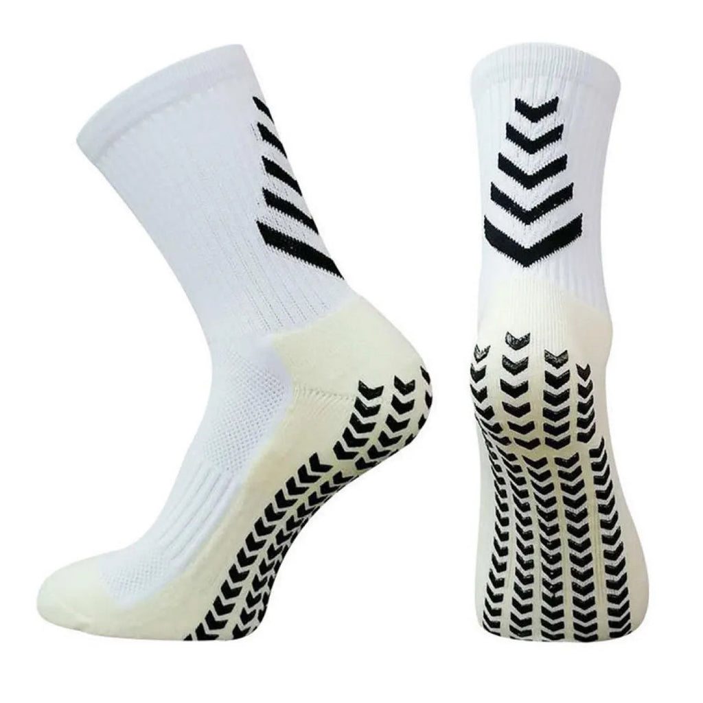 Men's patterned mid-calf sports socks with non-slip silicone grips in multiple colour options.