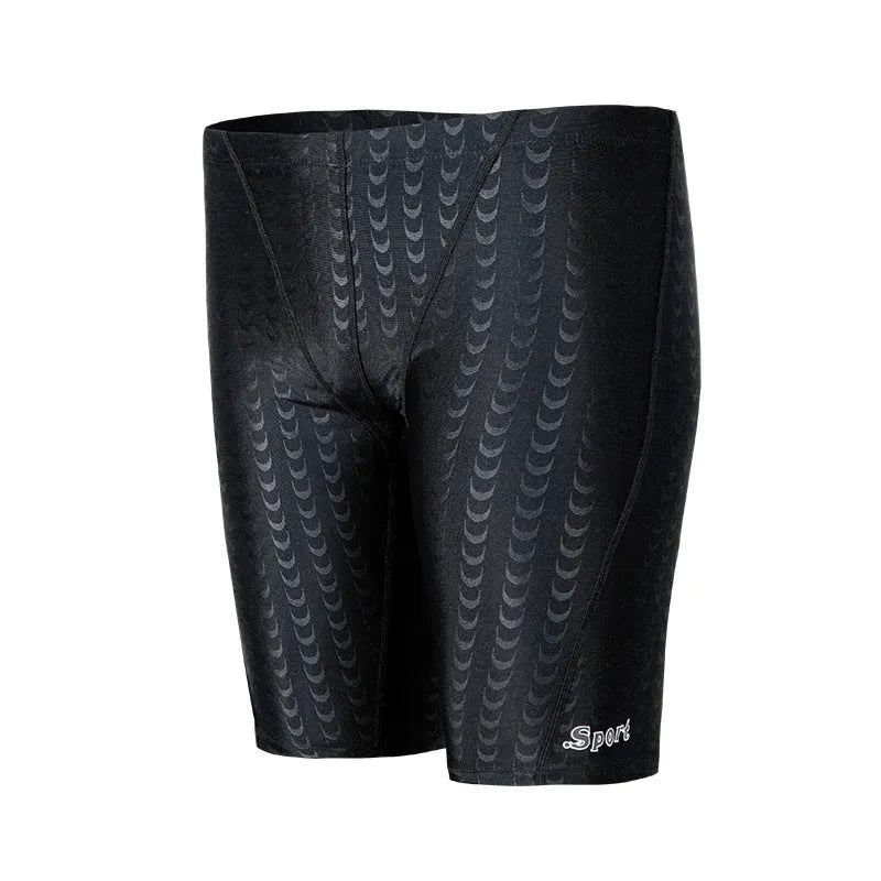 Men's solid colour polyester swimming trunks shown in boxers and cropped pants styles.