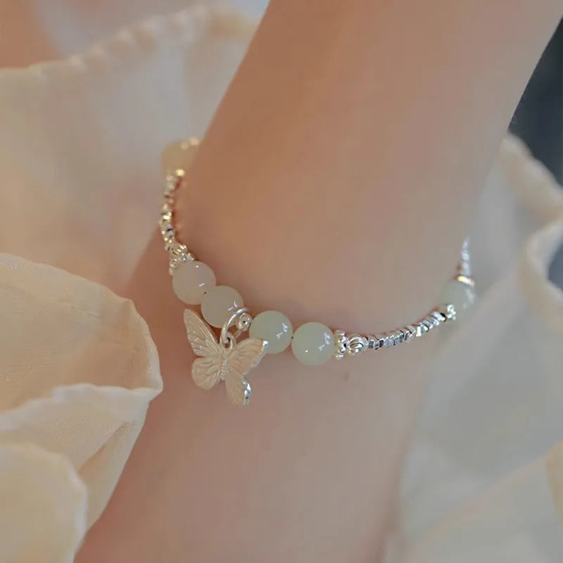 Hetian jade silver butterfly jewellery set for women with bracelet and necklace