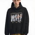 Men's cotton hooded sweatshirt with blurred portrait print, loose fit pullover in black or grey, sizes S to 2XL