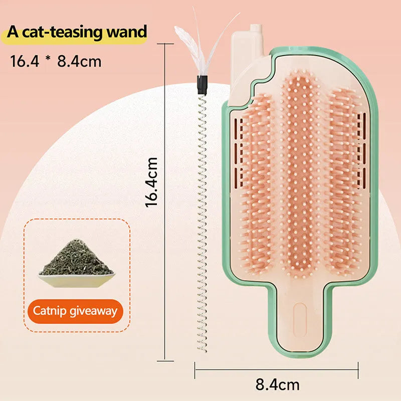 PP plastic pet scratching groomer with mint-scented ball and feather attachment on textured base