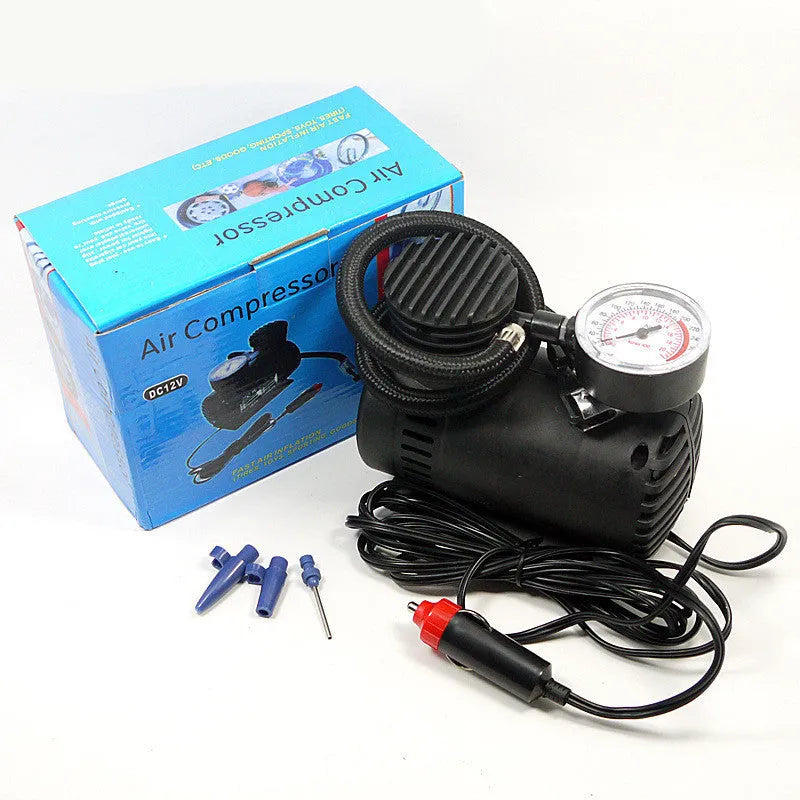 Black 12V mini car air pump with compact dimensions for tyre inflation