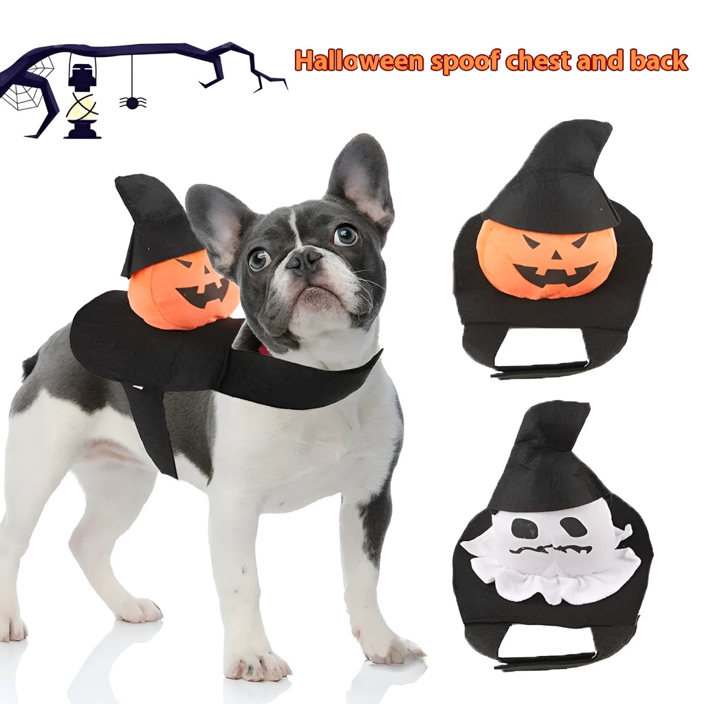 Orange and white Halloween dog costume depicting a pumpkin ghost on a small dog.