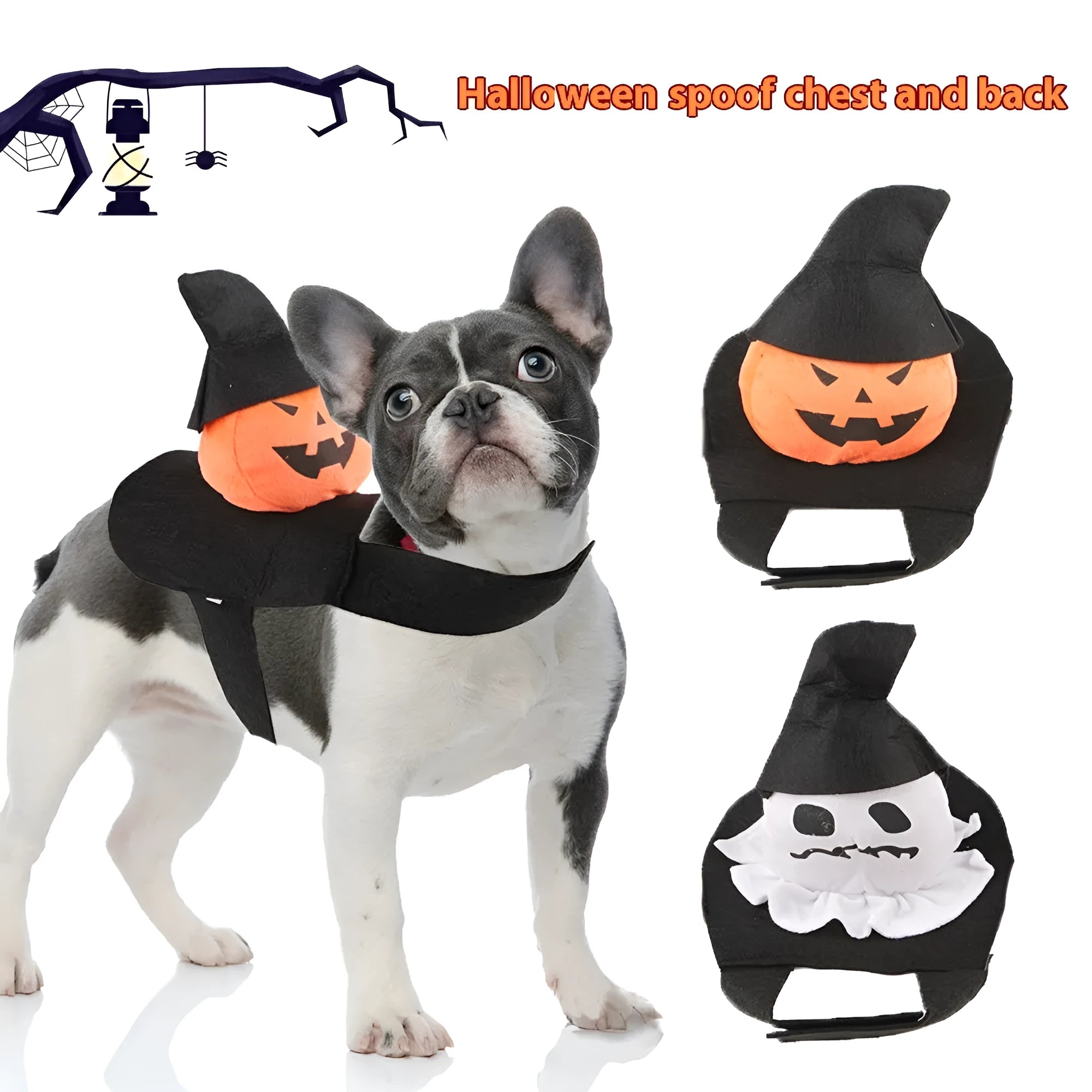 Orange and white Halloween dog costume depicting a pumpkin ghost on a small dog.