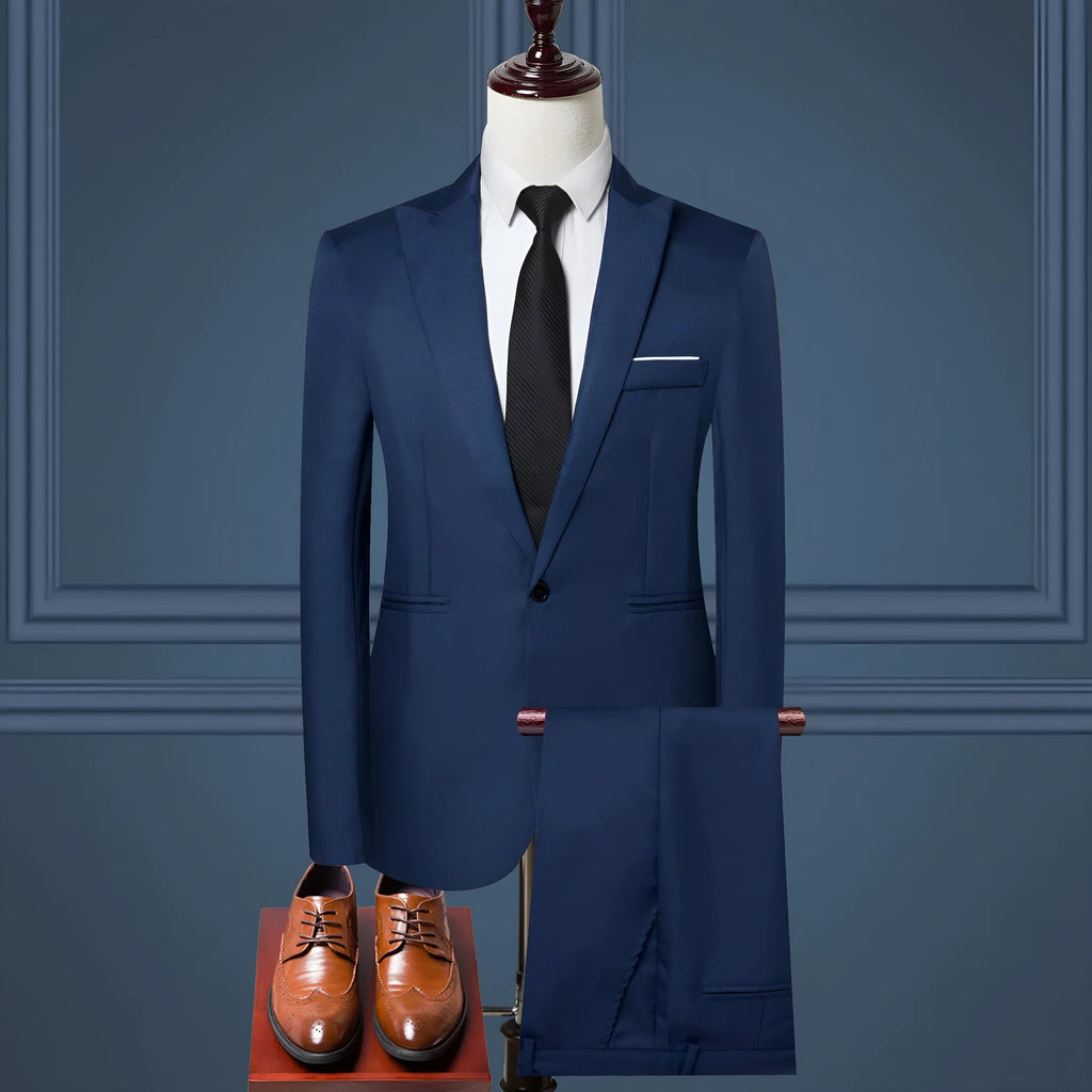 Men's two-piece solid colour leisure suit set with jacket and trousers in light business style