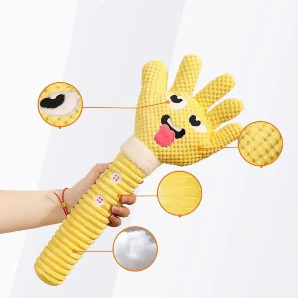 Yellow palm-shaped squeaky plush dog teething toy with bite-resistant fabric, soft texture, and compact size for puppy chewing play