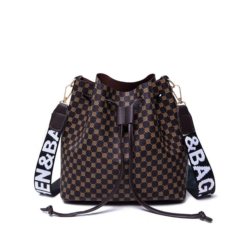 Printed PU bucket bag multi-layer soft leather women's crossbody shoulder bag brown front view