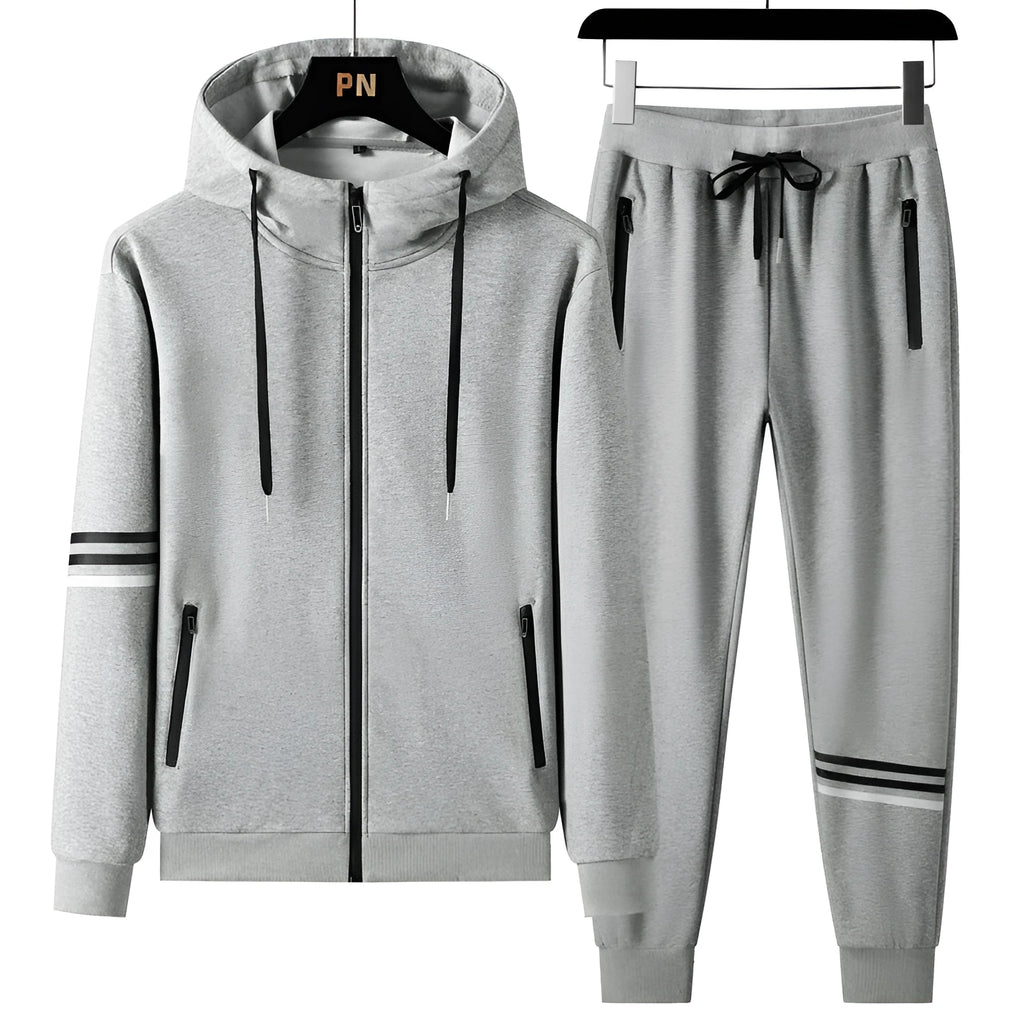 Men's pure cotton hooded sweater and trousers two-piece set in green, front view