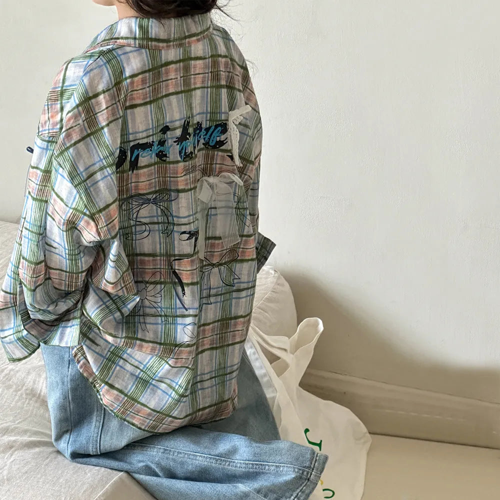 Girls' blue plaid cotton long sleeve shirt for spring and autumn, available in 110cm to 160cm heights