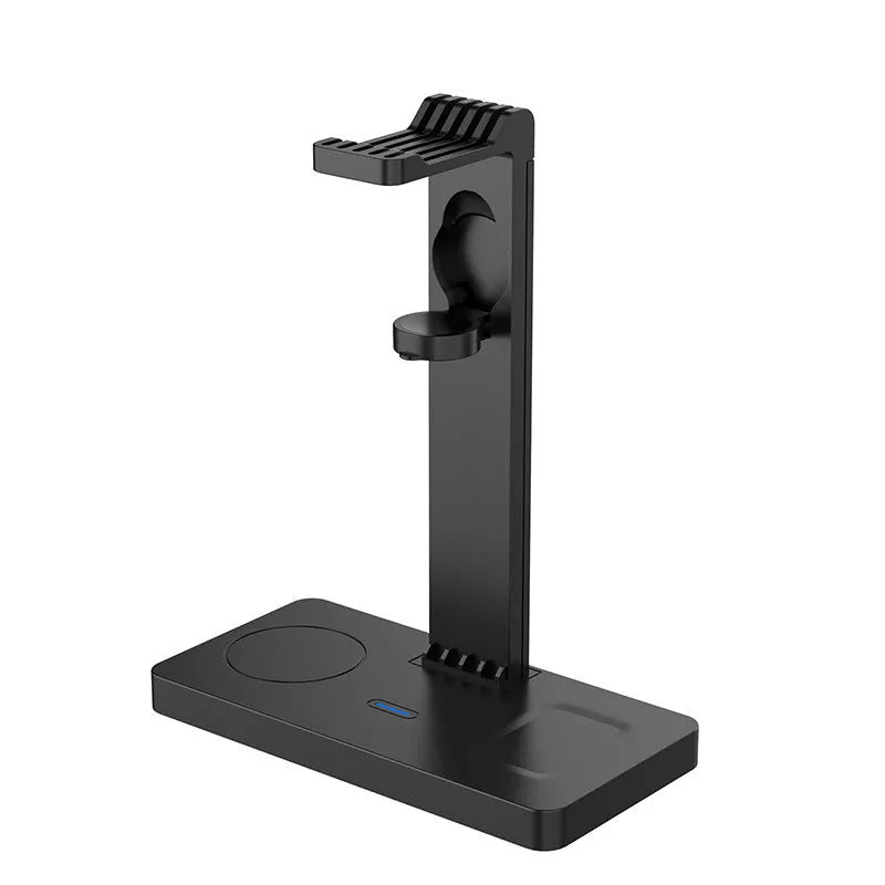 Black wireless charging station with brackets for mobile phone, smartwatch and headset