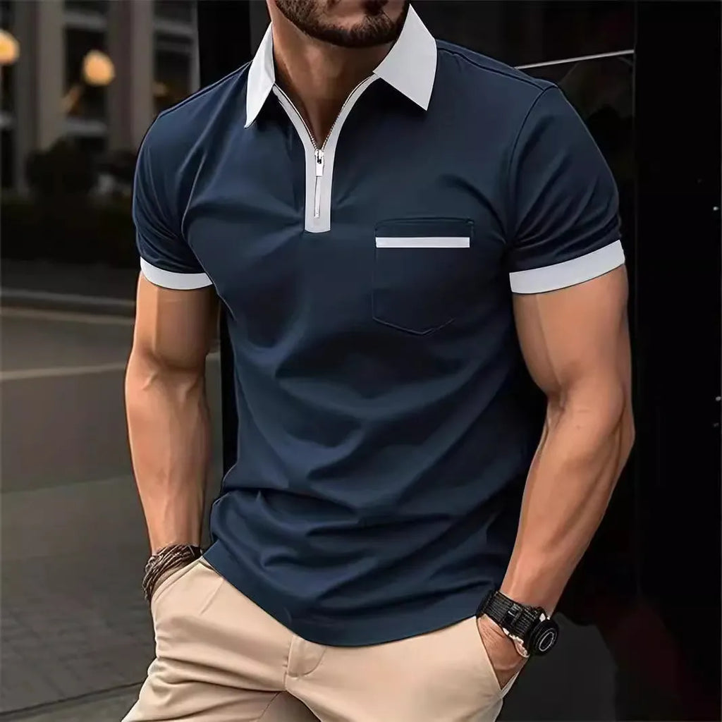 Men's loose fit short sleeve casual shirt with chest pocket and zipper decoration