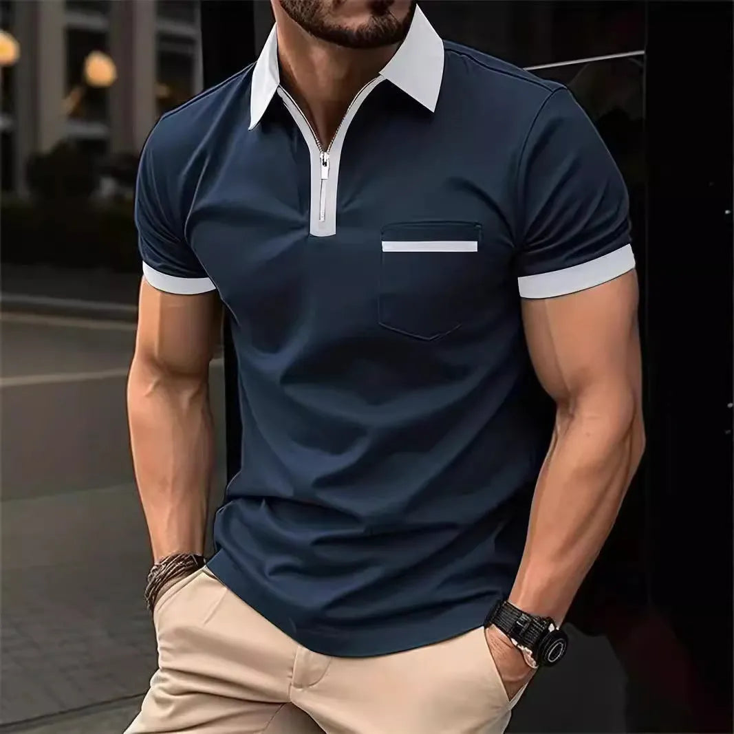 Men's loose fit short sleeve casual shirt with chest pocket and zipper decoration