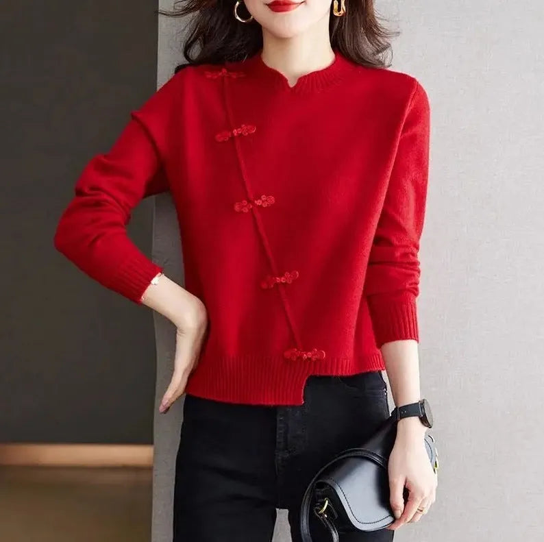 Red thickened knit sweater with irregular temperament design, long sleeves, and regular fit in cherry red