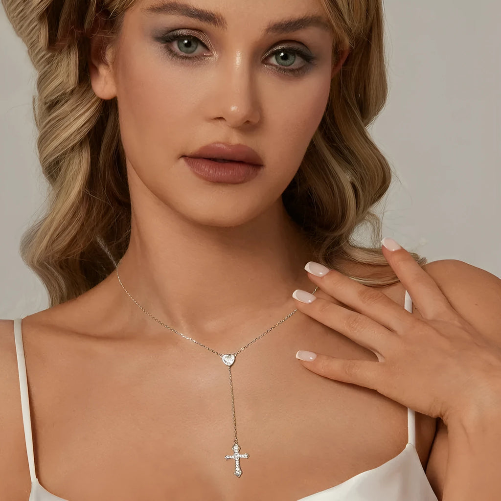 Silver cross necklace with O-ring chain in BSN384 colour, showing V-neck design