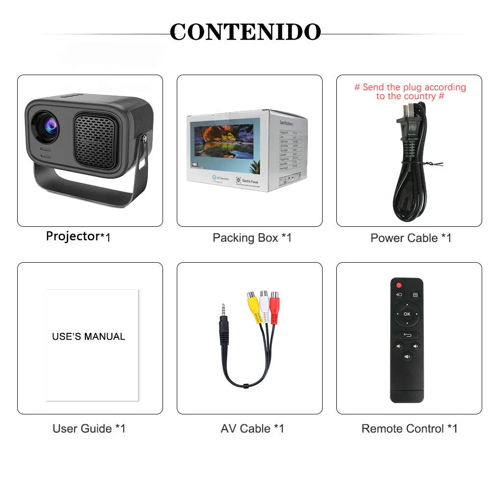 Black portable HD projector with Android system, remote control, and universal power cables