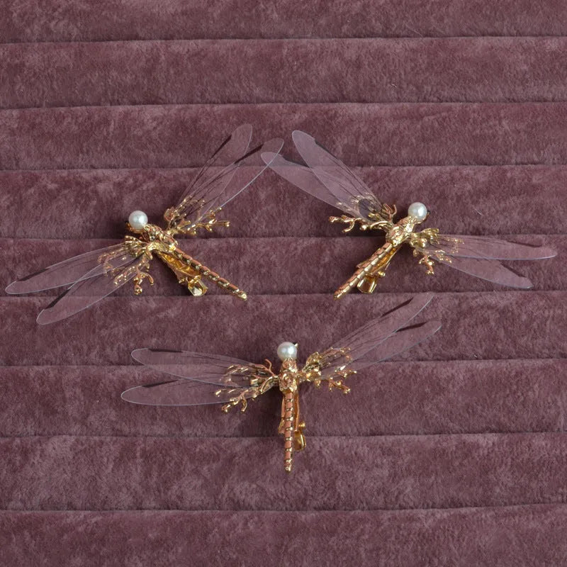 Golden dragonfly side clip headdress for women's hair with electroplated alloy construction