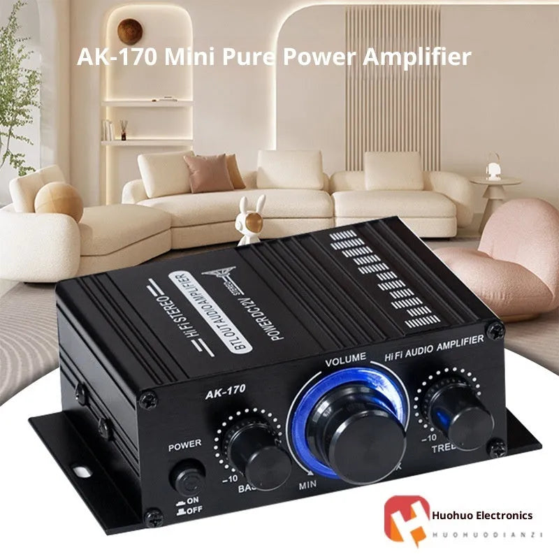 Mini small amplifier black 20W stereo with RCA input and cable clip outputs for home computer audio