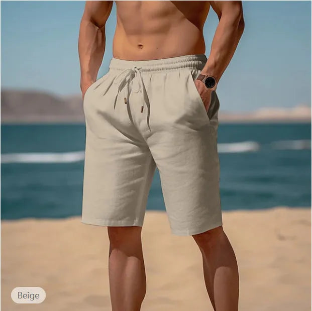 Men's cotton linen drawstring shorts with elastic waist and multiple pockets in solid colour