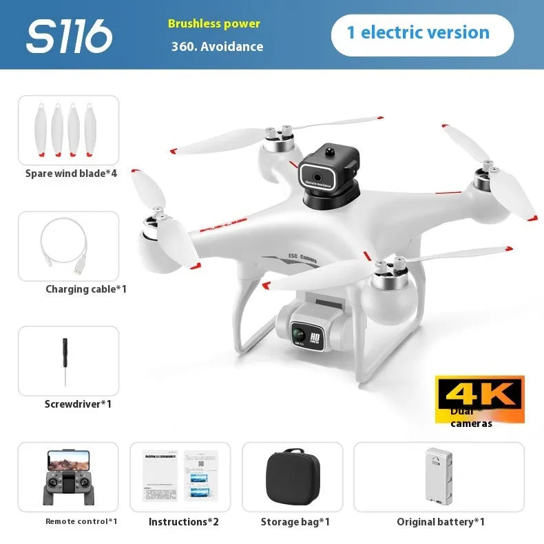 Black HD and White HD coloured brushless UAV drone with four-side obstacle avoidance and dual cameras, showing remote control.