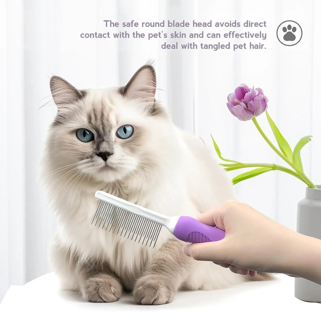 Purple pet detangling comb with stainless steel long and short teeth on an ergonomic handle.