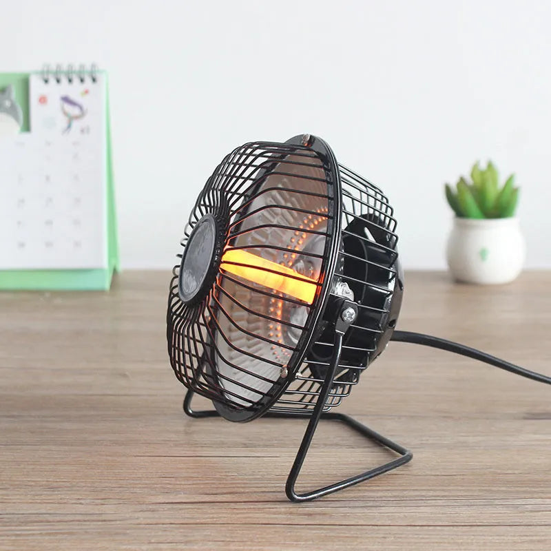 Bakingl Little Sun 4 inch black electric fan heater on a desk with quiet energy-saving operation