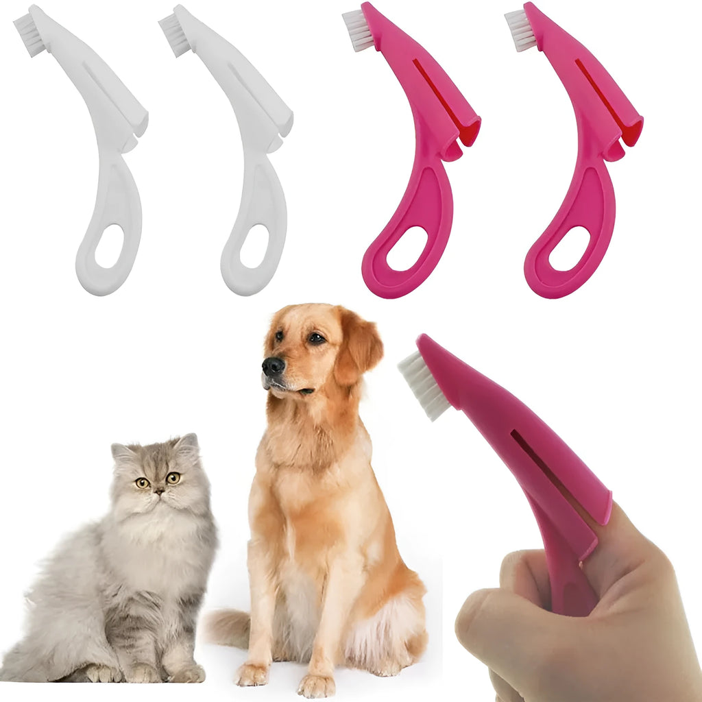 Red and white finger-sleeve toothbrush for dogs and cats with soft silicone bristles.