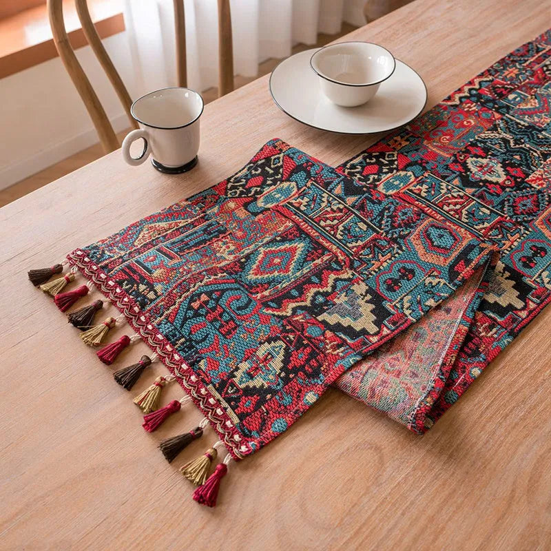 Nordic jacquard table runner with striped pattern and tassel fringe trim in dark blue colour