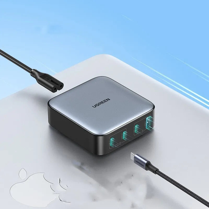 Compact 100W Gallium Nitride GaN fast charger plug with USB-C port on a 69mm body.