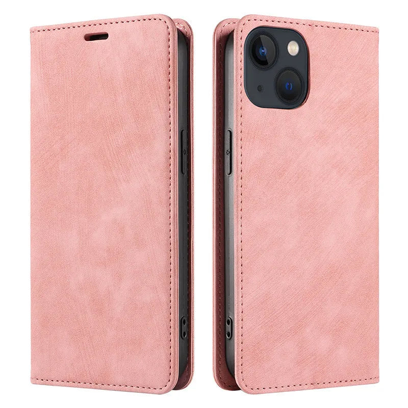 Magnetic leather flip phone case for iPhone shown closed, displaying the solid colour and front cover.