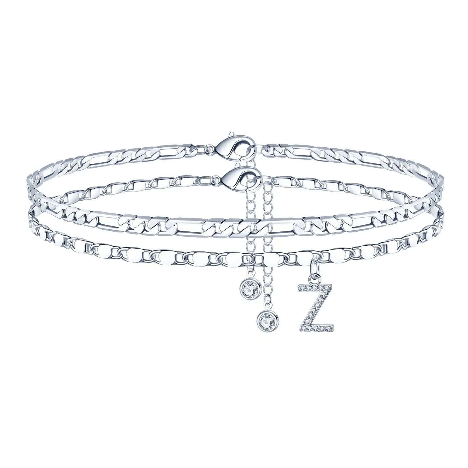Copper double-circle bead anklet with silver colour finish showing customisable letter styling options