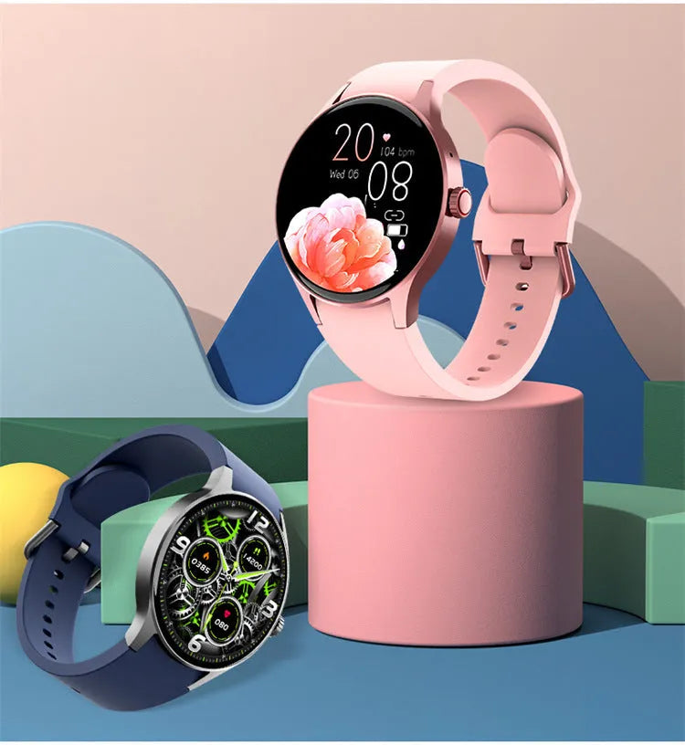 Black smart sport watch with round touch screen on a wrist, showing fitness stats.