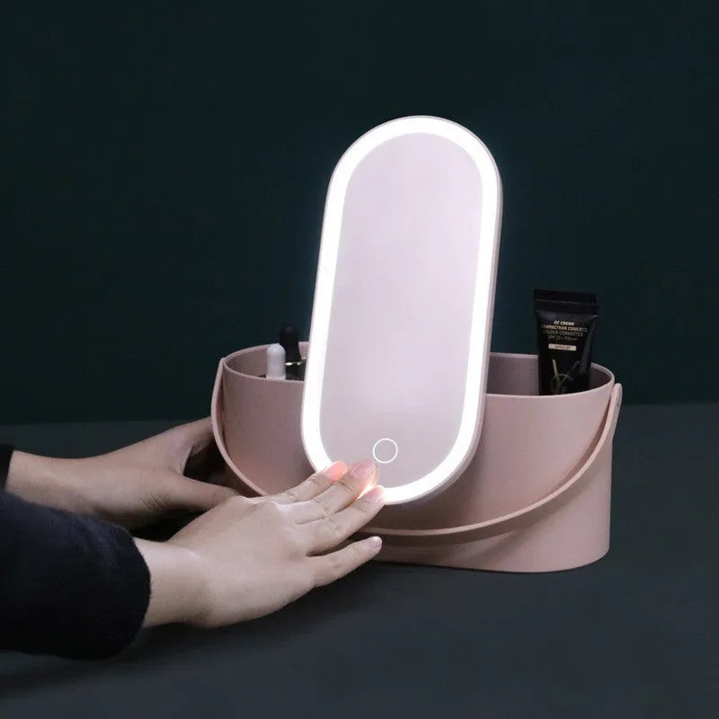 Portable LED light storage box makeup mirror in pink with aluminium lens