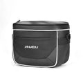Black waterproof bicycle handlebar bag mounted on bike with folding design showing 7-inch height measurement