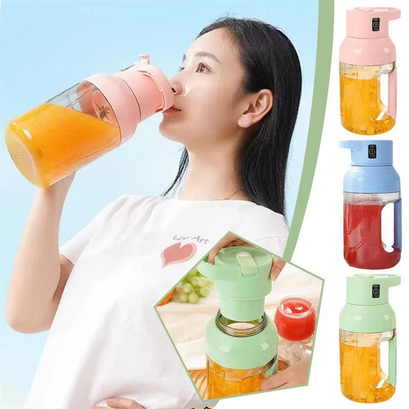 Portable 1500ml electric juicer with double handles and USB charging cable in emerald green