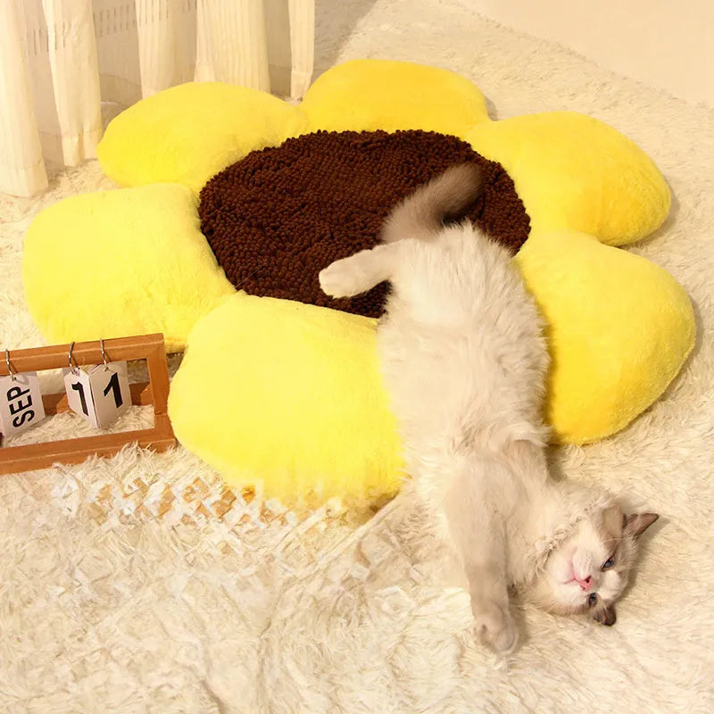 85cm round plush cat nest with flower design in blue or yellow colour options