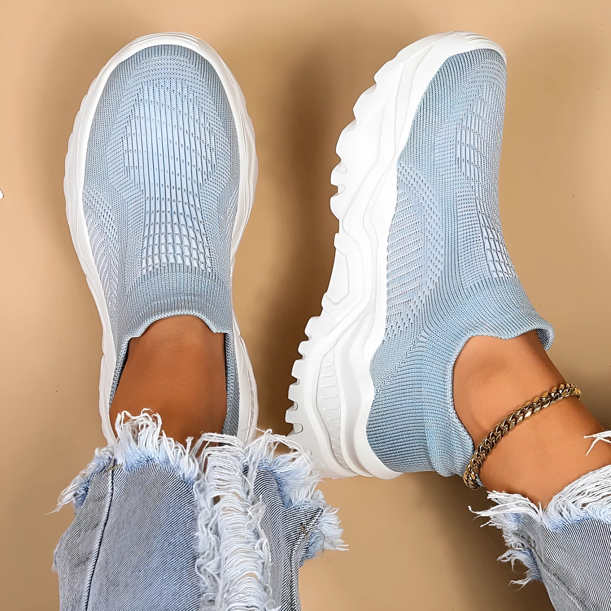 Women's light blue mesh slip-on casual shoes with round toe design